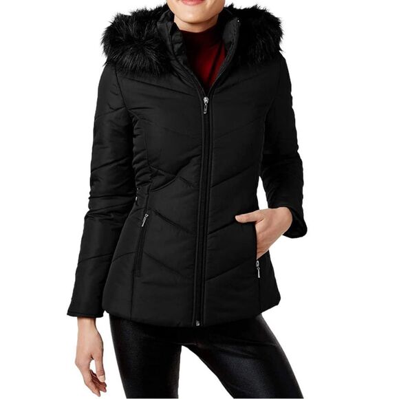Maralyn & Me Juniors' Hooded Faux-Fur-Trim Puffer Coat Black Size XS NWT - Picture 1 of 11